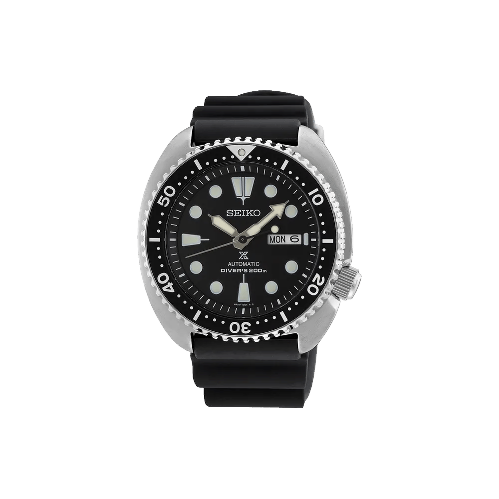 Seiko SRPE93 Prospex Turtle automatic diver watch black dial silicone strap front view