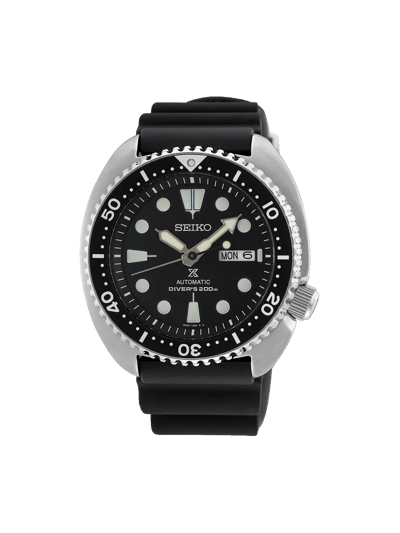 Seiko SRPE93 Prospex Turtle automatic diver watch black dial silicone strap front view