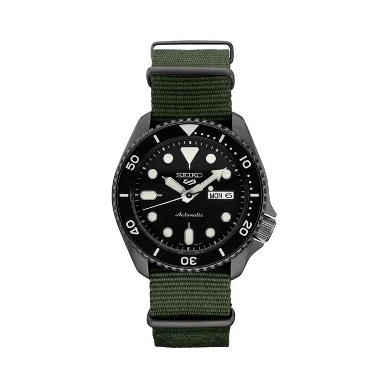 Seiko SRPD91 5 Sports Automatic Black Dial Green Nylon Strap - Soldier View