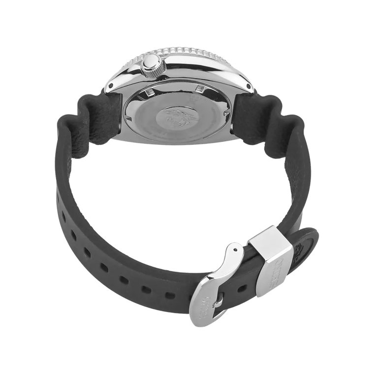 Seiko SRPE93 Prospex Turtle screw case back and silicone strap clasp